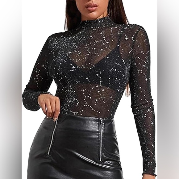Tops - SOLD - BNWT Stretch Women's Mesh Sheer Starry Top, Black/White